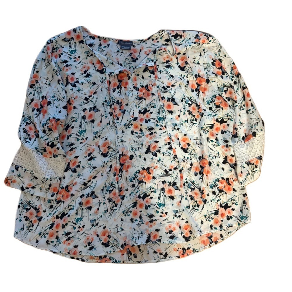 Van Heusen Orange Floral Blouse Top Tunic XXL Shirt Green White Lace